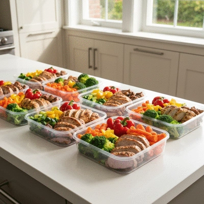 Healthy meal prep containers on a kitchen counter, various colorful vegetables and lean proteins, natural lighting, no text, no words, no typography, 8K