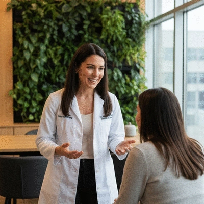 Diététicienne expliquant un plan alimentaire à une patiente, devant un mur végétal, ambiance chaleureuse, no text, no words, no typography, clean image