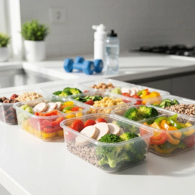 Healthy meal prep for athletes, colorful and balanced food in containers, with sports equipment in the background, no text, no words, no typography, clean image