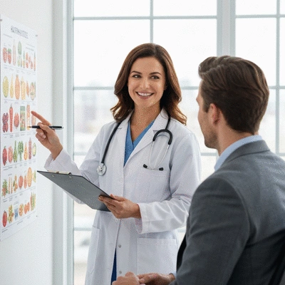 Nutritionist consulting patient about diabetes management, healthy food, bright office